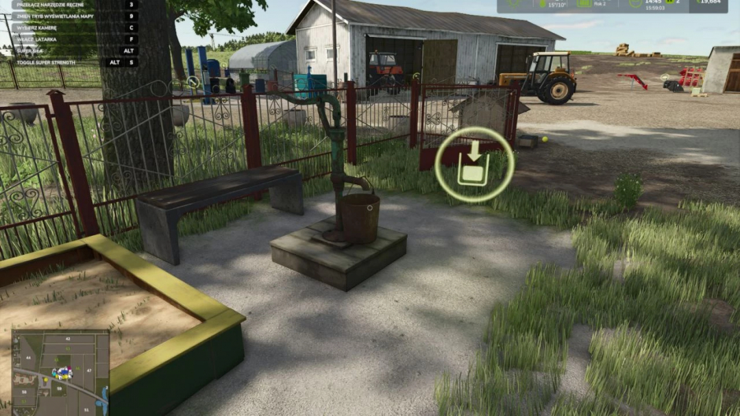 Hand water pump mod in FS25 showing a rustic farmyard setting.