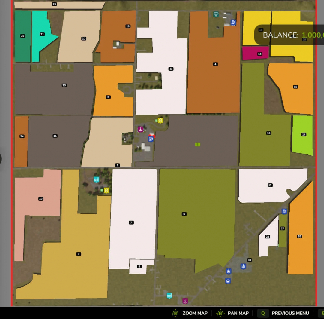 Farming Simulator 25 mod map of Harrison Farms v1.0.0.0 showing various fields and plots with a balance display.