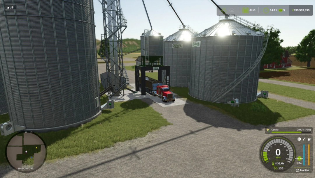 Farming Simulator 25 mod Harrison Farms featuring silos and a red truck.