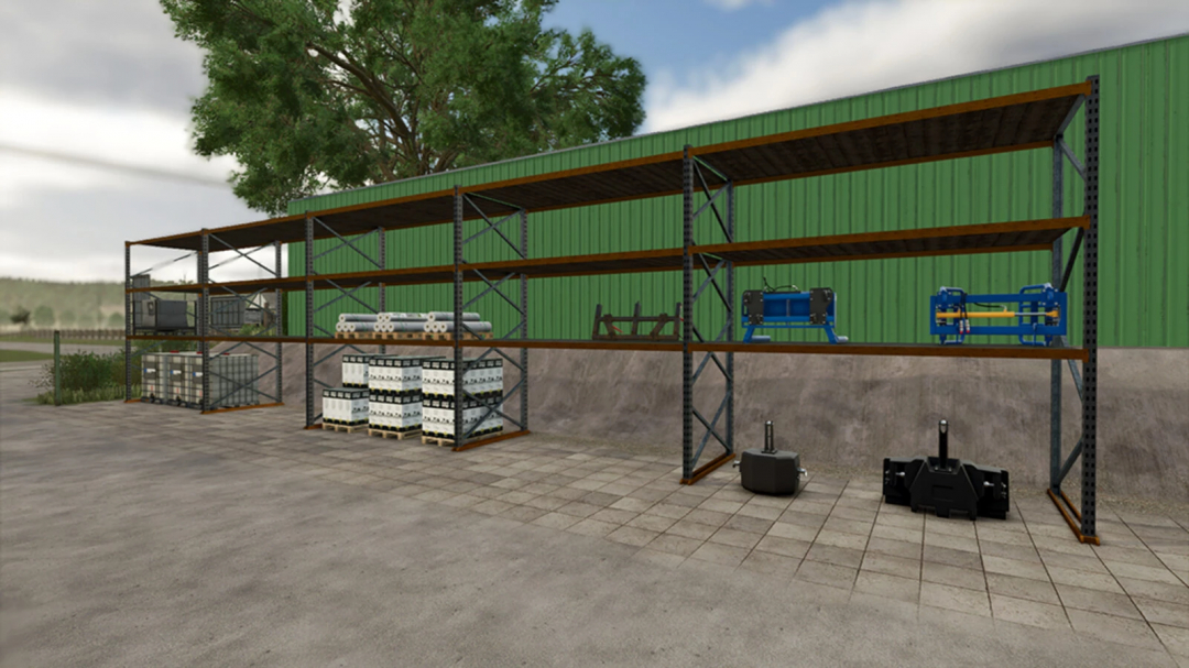 Heavy Duty Rack Element in Farming Simulator 25 mod showing storage shelves with equipment and materials.