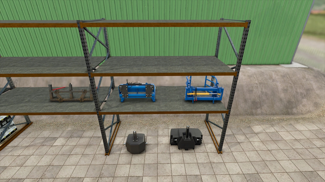 Farming Simulator 25 mod showing a heavy-duty rack with farm equipment in a green warehouse. FS25 mods storage solution.