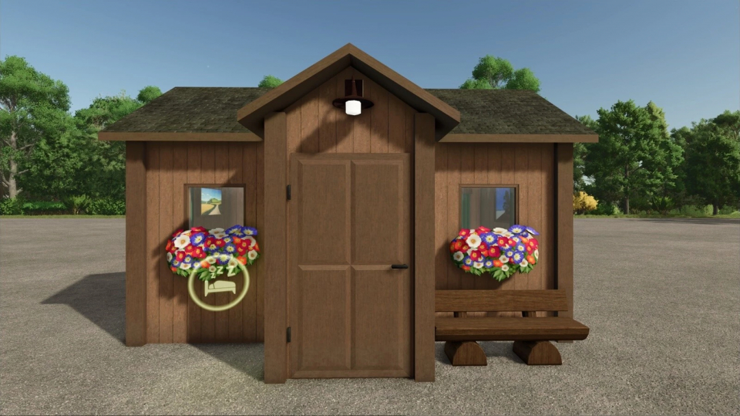 Hobo Farmhouse Pack mod for Farming Simulator 25 showing a wooden farmhouse with colorful flowers.