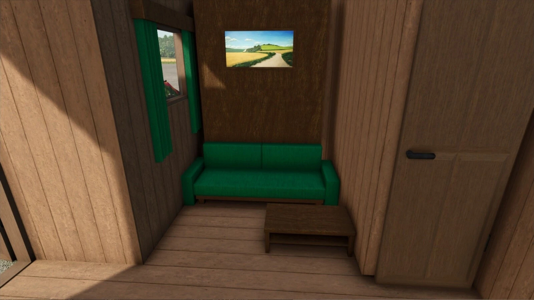 Interior of FS25 Hobo Farmhouse Pack v1.0.0.0 mod showing a green sofa, wooden table, and landscape painting.