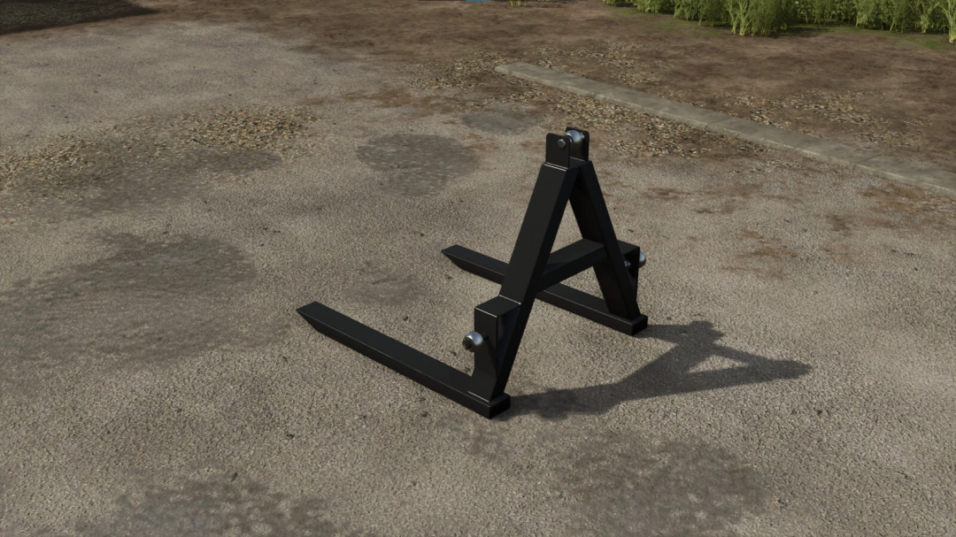 Homemade pallet forks mod for Farming Simulator 25 on a gravel surface.