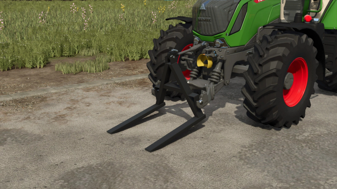 Homemade Pallet Forks attached to a tractor in Farming Simulator 25 mod.