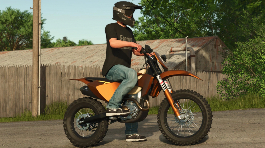 FS25 mod Husqvarna FE 501 motorcycle with rider in helmet and casual clothes.