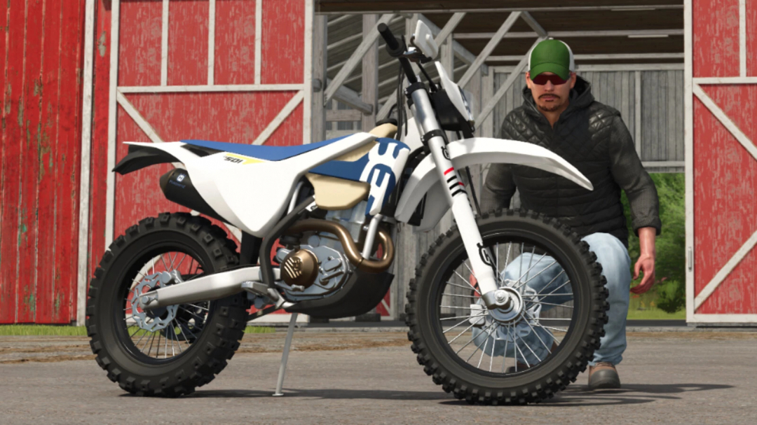 FS25 mod Husqvarna FE 501 motorbike parked near a barn, with a person standing beside it.