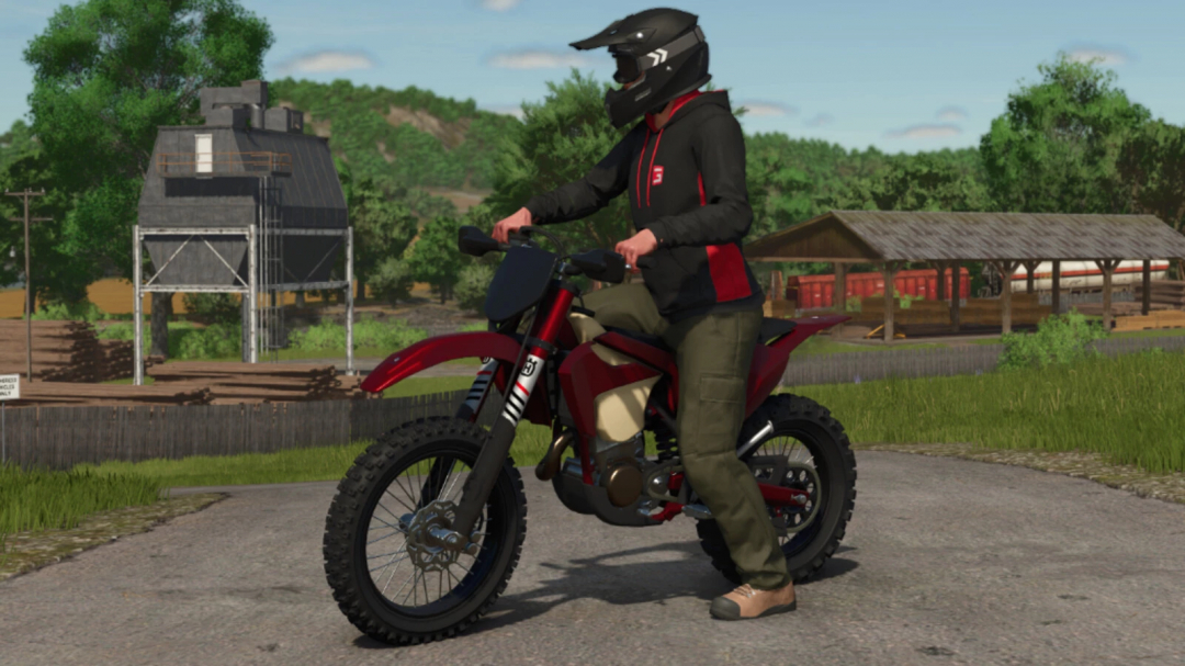 Rider on Husqvarna FE 501 bike mod in FS25, parked in rural scene.