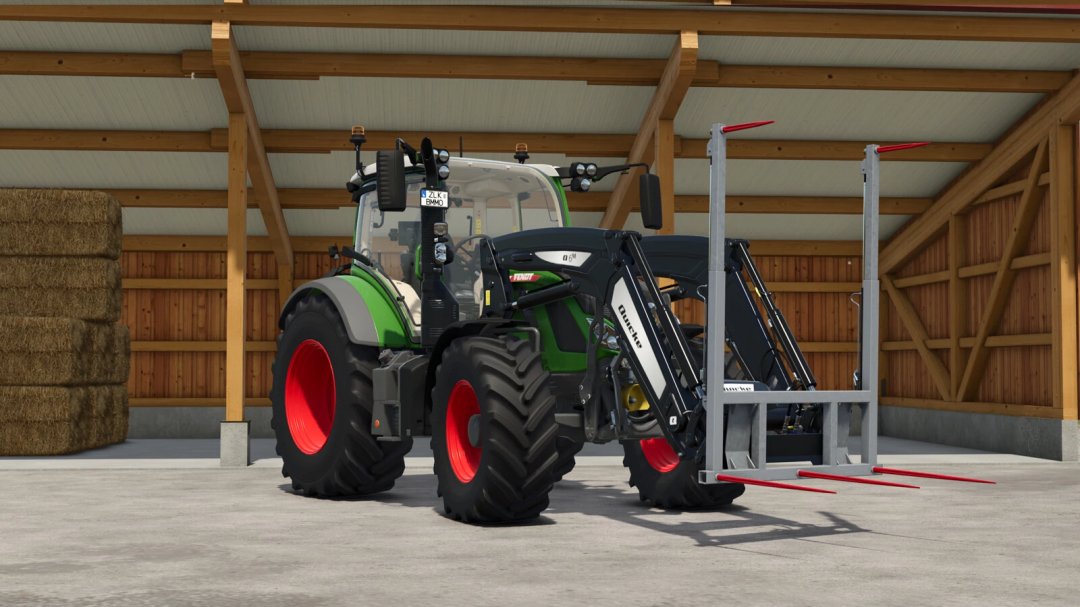 Farming Simulator 25 mod: Hydraulic Bale Fork v1.0.0.0 attached to a tractor in a barn.