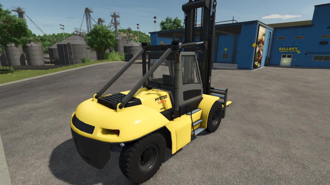 Hyster H450-XD forklift mod in Farming Simulator 25, parked near silos.