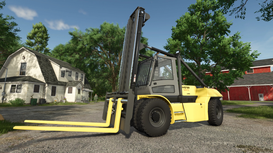 FS25 Hyster H450-XD forklift mod in rural setting, showcasing realistic details in Farming Simulator 25.