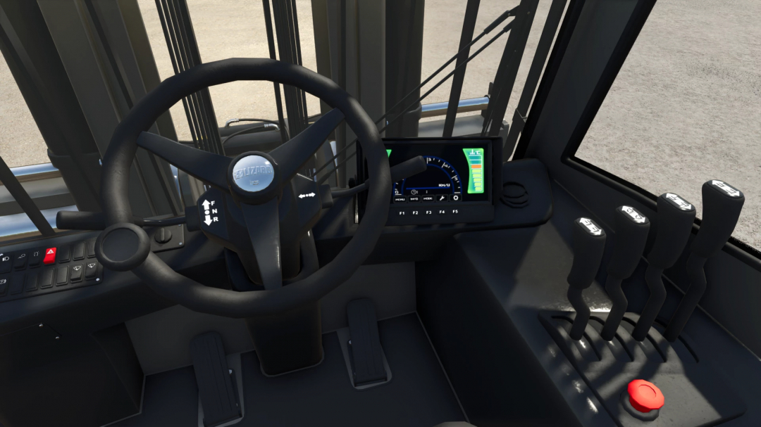 Interior view of the Hyster H450-XD mod in FS25, showing steering wheel, control levers, and dashboard.