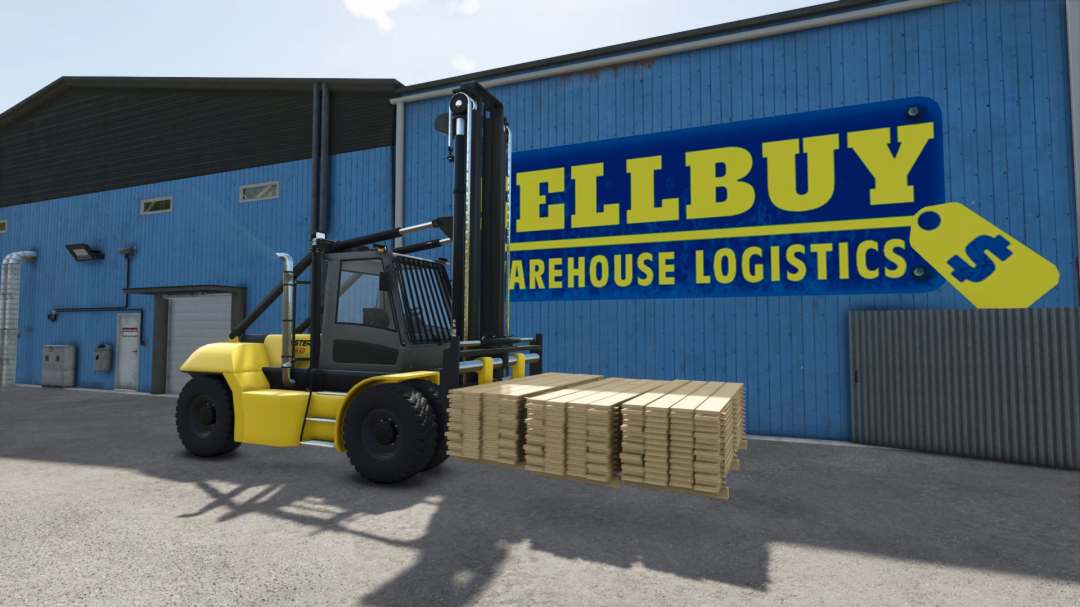 Hyster H450-XD forklift lifting wood planks at warehouse in FS25 mod.