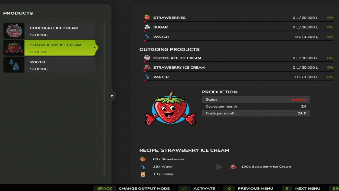 Farming Simulator 25 Icecream Factory mod interface showing strawberry ice cream recipe requirements and production status.