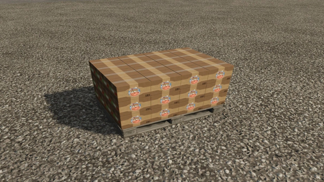 Boxed ice cream pallets in FS25 Icecream Factory mod, placed on gravel ground.