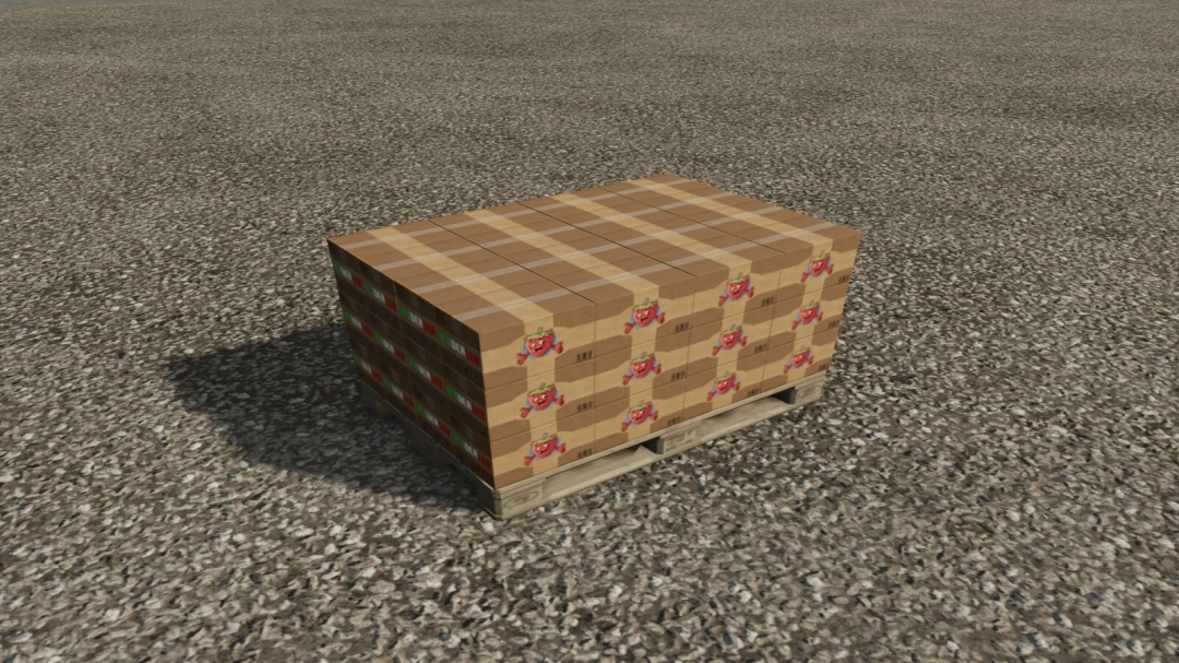 Pallet of ice cream boxes from Icecream Factory mod for FS25 on gravel surface.