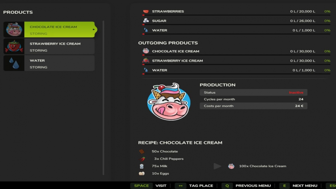 FS25 mod Icecream Factory v1.0.0.0 showing production of chocolate ice cream, ingredients, and inactive status.