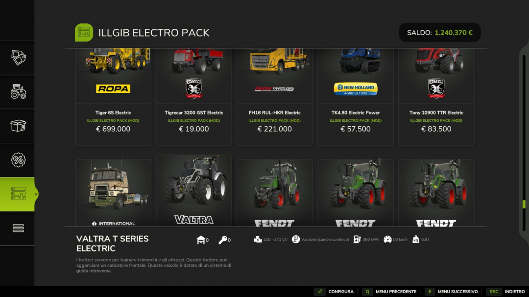 FS25 IllGib Electro Pack mod selection screen showing electric vehicles like Tiger 65 and Valtra T Series.