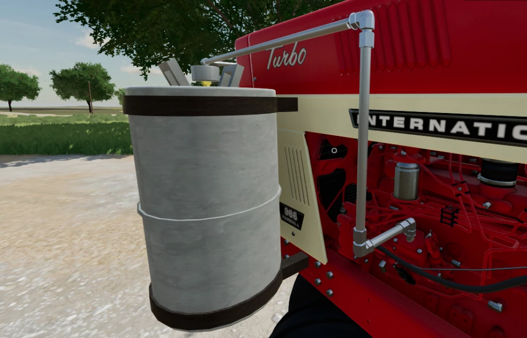 Close-up of International Harvester 966 Propane mod in FS25, showing engine details and propane system.