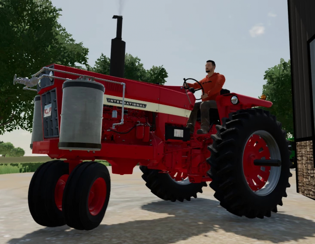 International Harvester 966 Propane tractor mod in FS25, driven on a sunny day.