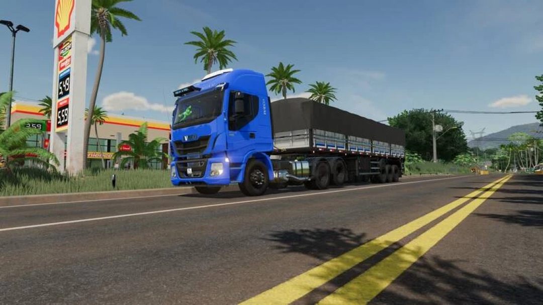 FS22 mod Iveco 440 Farias Chipped v1.0.0.0 in Farming Simulator 22, blue truck with trailer on a sunny road.