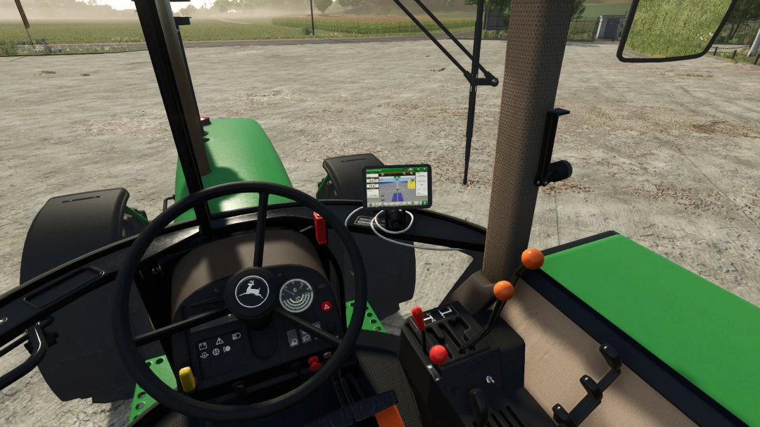 Interior view of a John Deere 3650 tractor mod in FS25, showcasing the steering wheel and control panel.