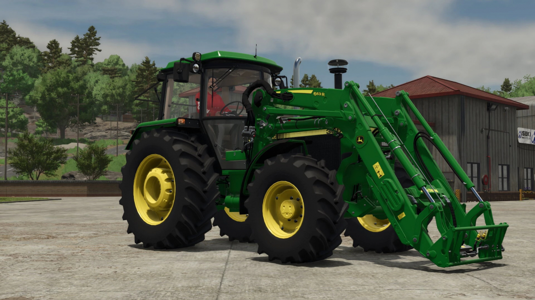 John Deere 3650 tractor mod in Farming Simulator 25, featuring detailed design and front loader attachment.