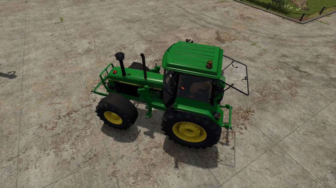 Top view of John Deere 3650 tractor mod in Farming Simulator 25, showing green body and yellow wheels.