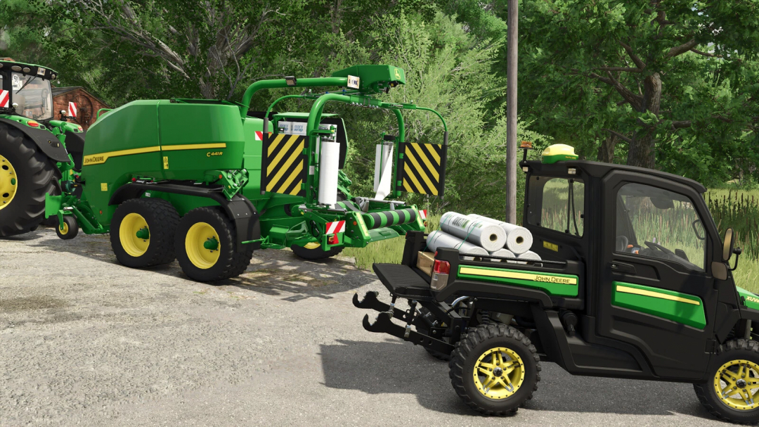 John Deere XUV865M Forestry mod in FS25 with green towing equipment, showcasing mods for Farming Simulator 25.