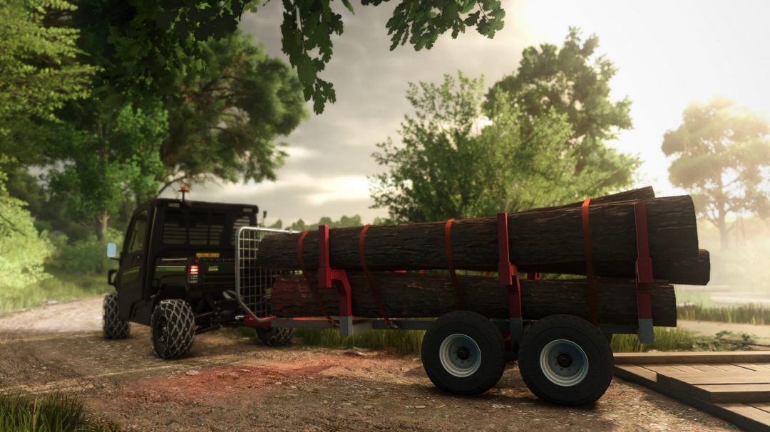 FS25 mod John Deere XUV865M Forestry v1.0.0.0 hauling logs on a forest path.