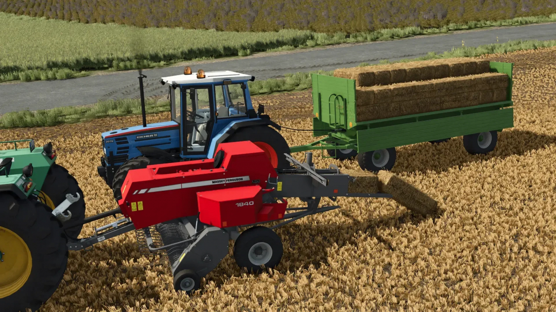 Krone Emsland DK 220/80 K mod in FS25, showing a tractor with a red baler and green trailer on a harvested field.