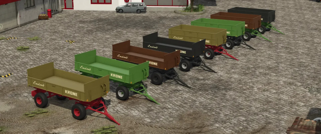 Various colored Krone Emsland DK 220/80 K trailers lined up in Farming Simulator 25, showcasing different configurations.