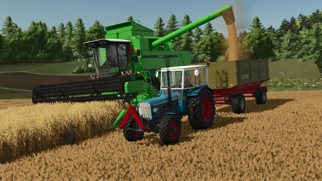 FS25 mod: Krone Emsland DK 220/80 K v1.0.0.0 trailer shown during harvest, with scenery of tractor and combine harvester.