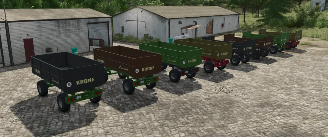 Various Krone Emsland DK 220/80 K trailers in Farming Simulator 25 mod, lined up outside a barn.