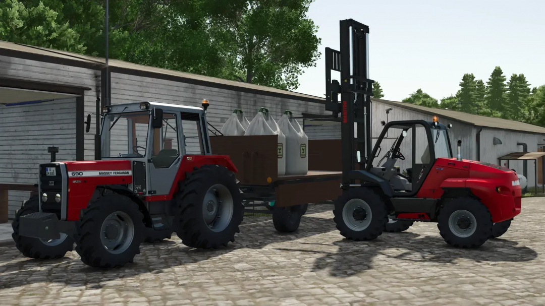 FS25 mod Krone Emsland DK 220/80 K with Massey Ferguson tractor and forklift in barnyard setting.