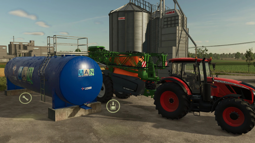 Lizard Container v1.0.0.0 mod in FS25, showing a large blue tank and tractor near storage silos.