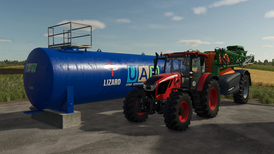 FS25 mod Lizard Container v1.0.0.0 with blue tank and red tractor on farm.