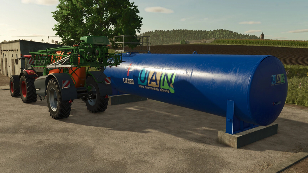 Lizard Container v1.0.0.0 mod from FS25, featuring a large blue tank labeled UAN attached to farming equipment.