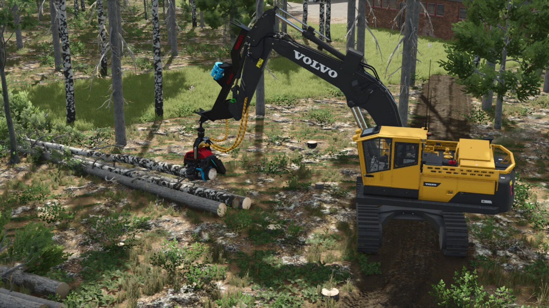 FS25 mod Lizard Forestry ADH 18 v1.0.0.0: A yellow excavator with crane arm grasps logs in a forest setting.