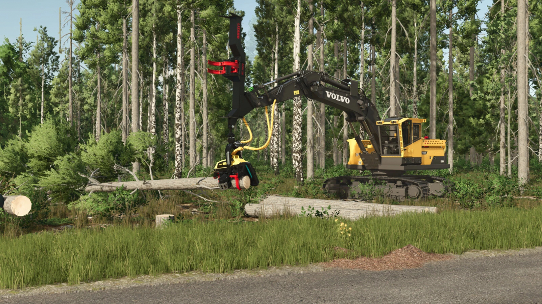 Lizard Forestry ADH 18 mod in FS25 cutting trees in a dense forest.