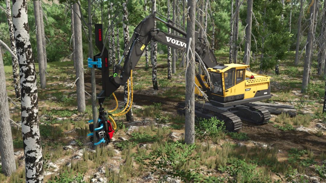 FS25 mod Lizard Forestry ADH 18 in action, logging with an excavator in a forest in Farming Simulator 25.