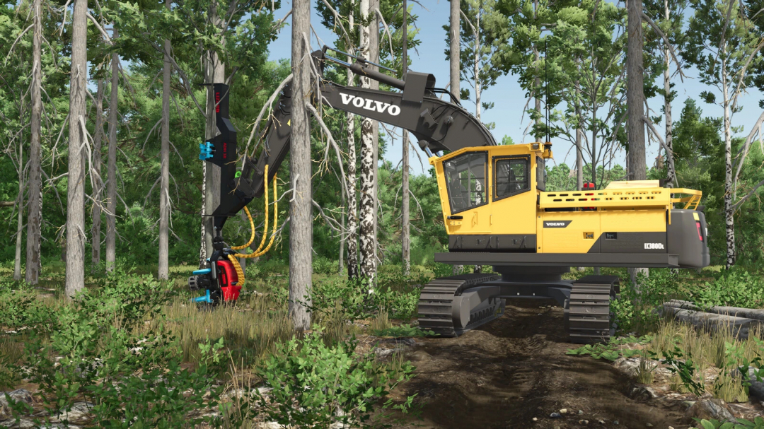 FS25 mod Lizard Forestry ADH 18 v1.0.0.0 depicting a yellow forestry machine in a dense green forest.