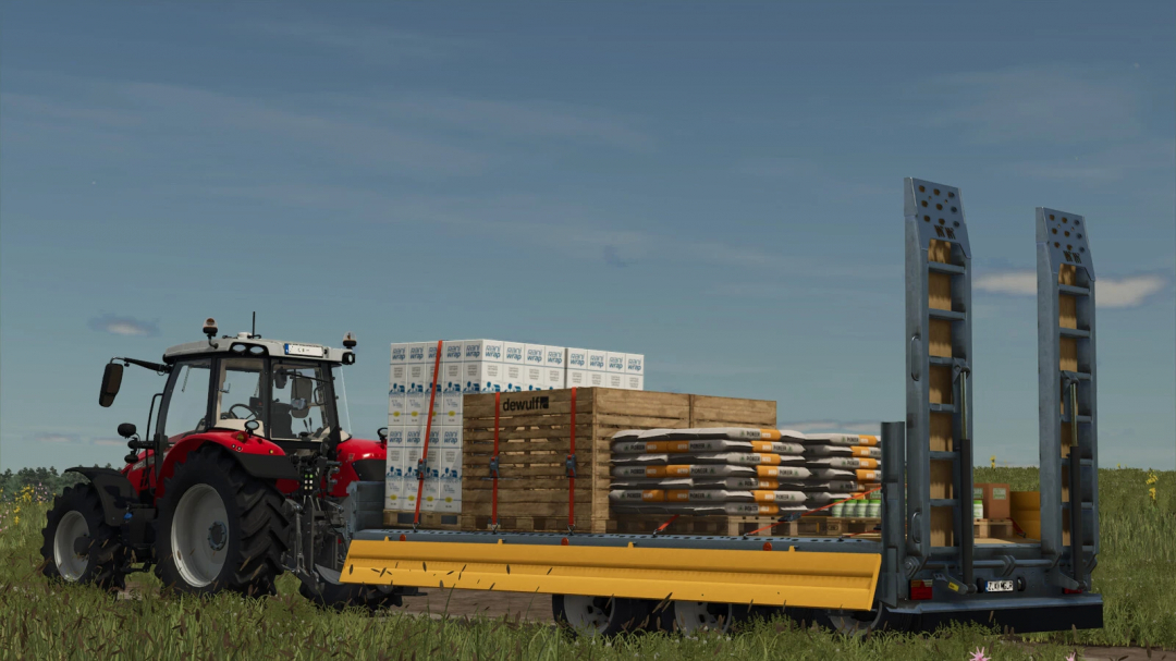 FS25 mods: Lizard Low-Bed Trailer with cargo, including pallets and equipment, in Farming Simulator 25.