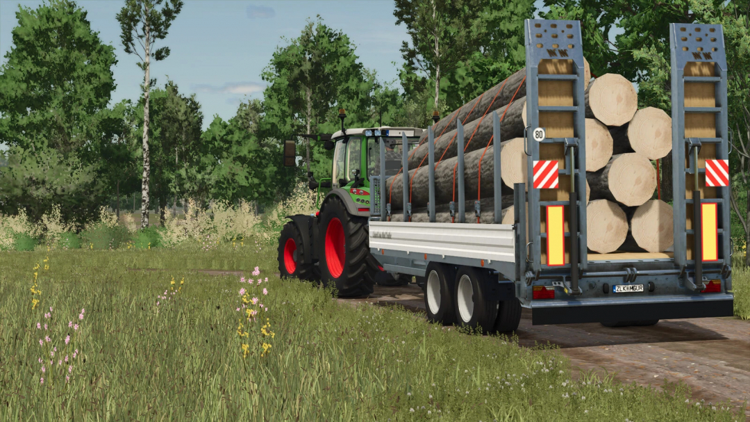 Lizard Low-Bed Trailer mod in FS25 transporting logs through a forest area.