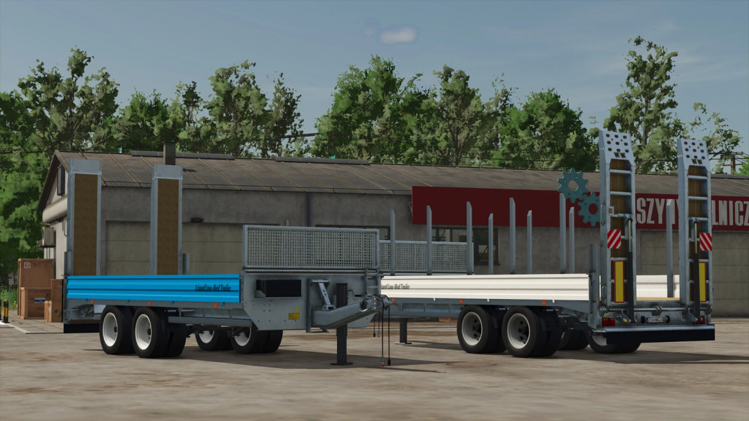 Lizard Low-Bed Trailer mod for FS25 displayed in a yard setting, showcasing its detailed design.