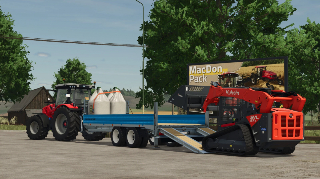 Lizard Low-Bed Trailer mod in FS25, loaded with equipment and bags, attached to a red tractor, near a farm setting.