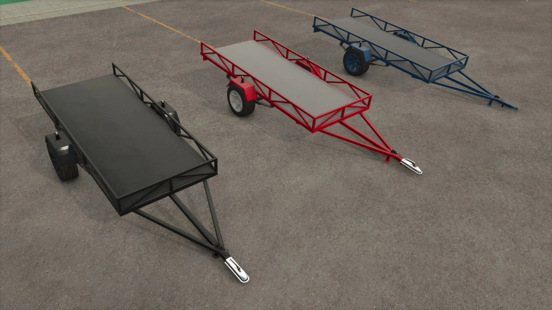 FS25 mods Lizard Self-Made Trailer v1.0.0.0 featuring black, red, and blue trailers on pavement