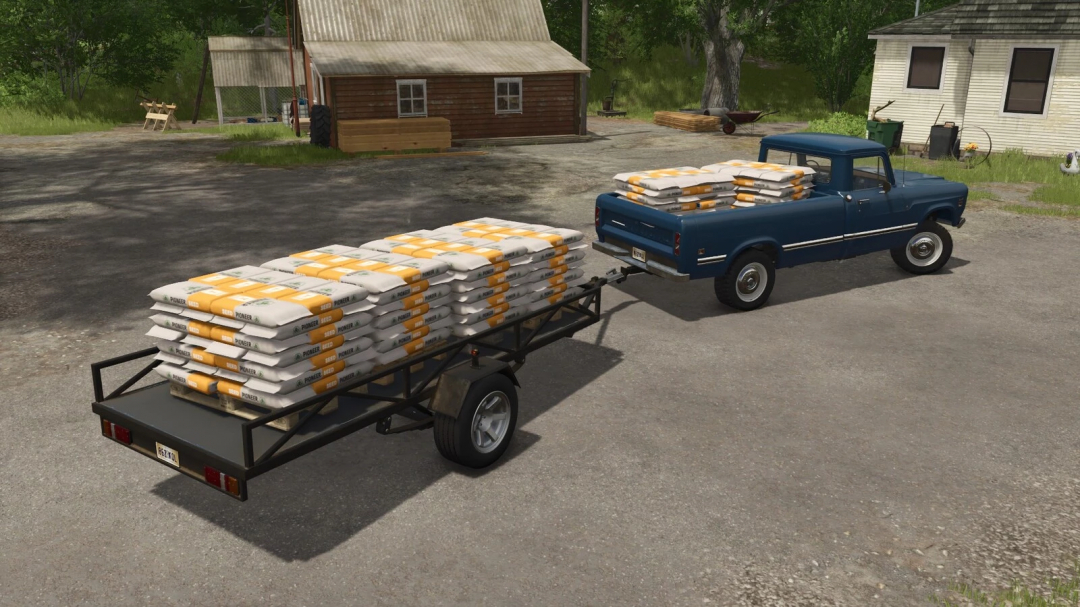 FS25 mod: Lizard Self-Made Trailer v1.0.0.0 loaded with seed bags, attached to a blue truck in Farming Simulator 25.