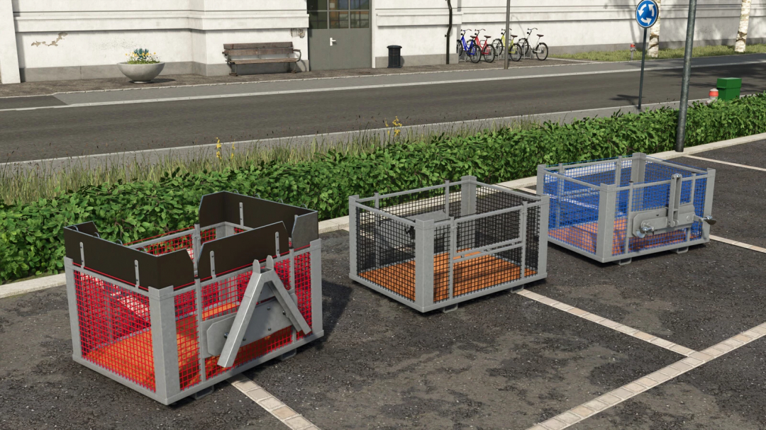 Lizard Transport Box mod v1.0.0.0 for FS25, three transport boxes with different designs displayed in a parking area.