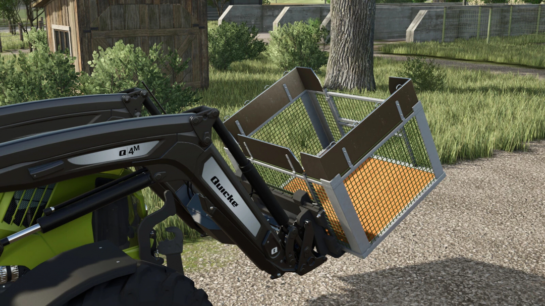 Lizard Transport Box mod for FS25 attached to a front loader near a farm.